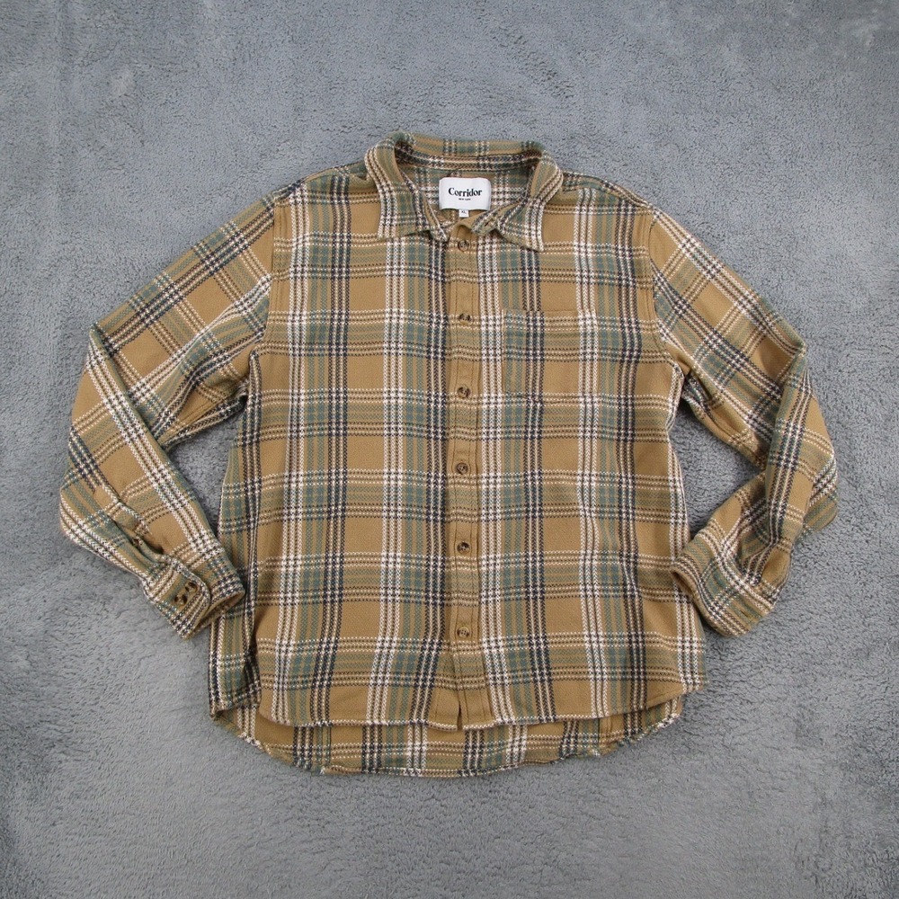 Corridor New York Mens XL Plaid Button Down Shirt Mustard Yellow Cotton Flannel